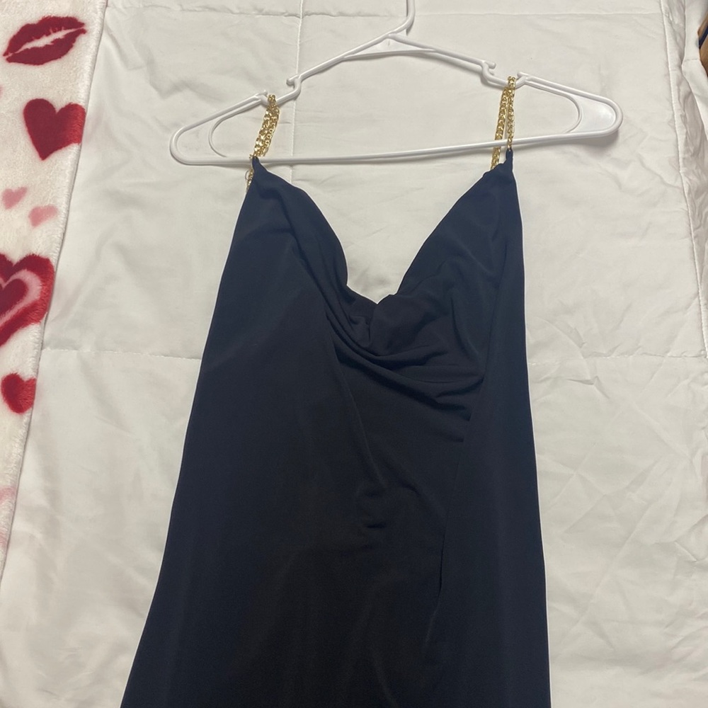Black dress with gold straps